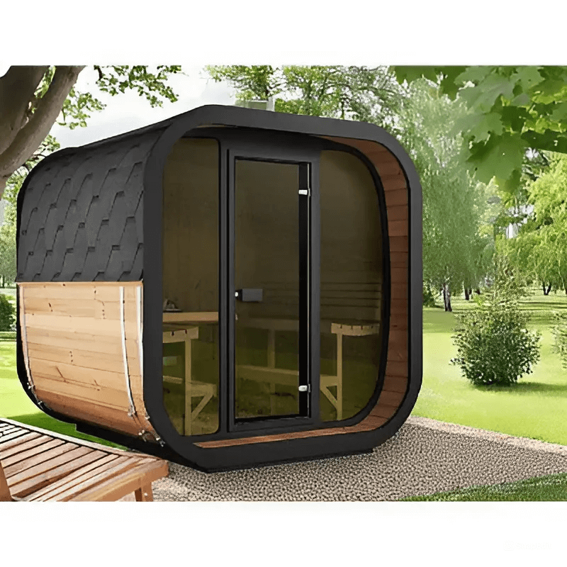 SaunaLife CL7G 6-Person Outdoor Cube Cabin Sauna with Full Glass Front & LED Lighting