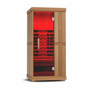 Finnmark FD-1 Full-Spectrum Infrared Sauna with red glass door, featuring advanced infrared heaters and ergonomic design for optimal wellness.