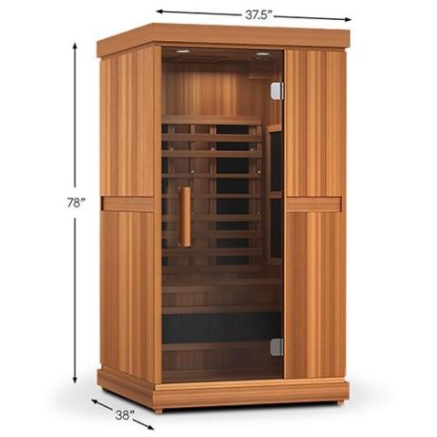 Finnmark FD-1 Full-Spectrum Infrared Sauna with glass doors, wooden exterior, and ergonomic seating for one person.
