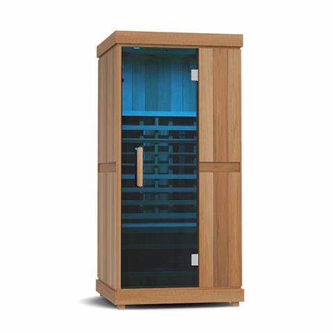 Finnmark FD-1 Full-Spectrum Infrared Sauna with wooden cabinet, glass door, ergonomic backrest, and Bluetooth audio, designed for a personal wellness escape.