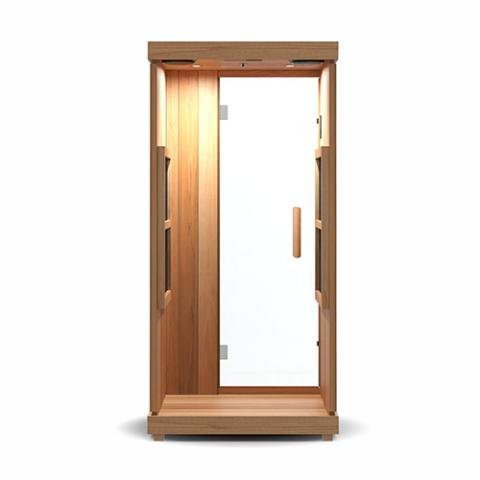 Finnmark FD-1 Full-Spectrum Infrared Sauna with wooden door and glass panel, featuring infrared heaters and ergonomic design for personal wellness.