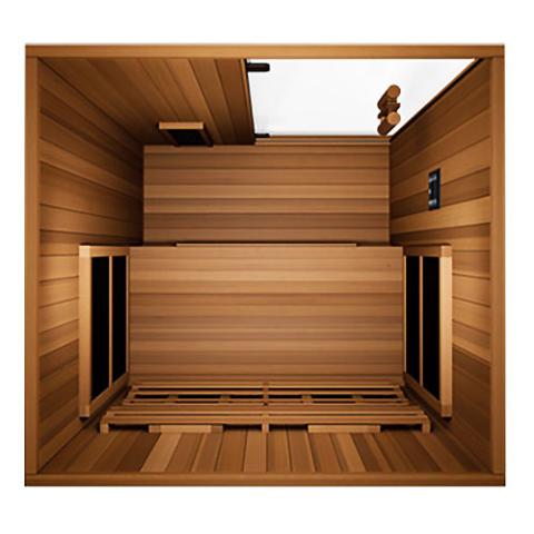 Finnmark FD-2 Full-Spectrum Infrared Sauna interior with wooden benches and strategically placed infrared panels for enhanced therapy and wellness.