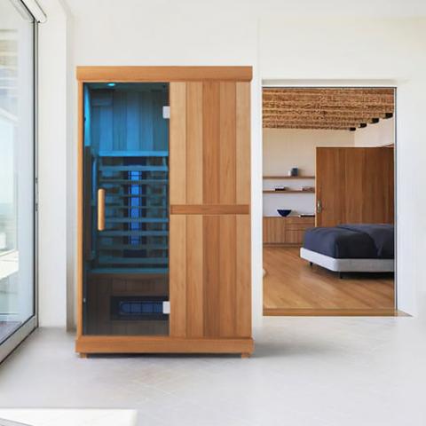 Finnmark FD-2 Full-Spectrum Infrared Sauna with glass door, ergonomic backrests, and advanced infrared panels for superior home wellness therapy.