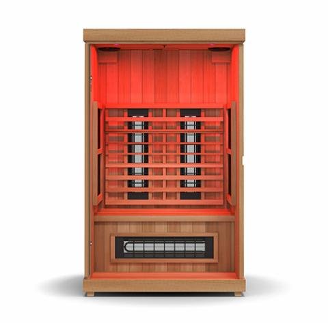 Finnmark FD-2 Full-Spectrum Infrared Sauna with wooden exterior and red interior, featuring ergonomic design and advanced infrared heating panels.