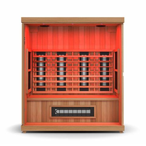 Finnmark FD-3 Full Spectrum Infrared Sauna: a wooden sauna with strategically placed infrared panels and ergonomic features for optimal home wellness therapy.