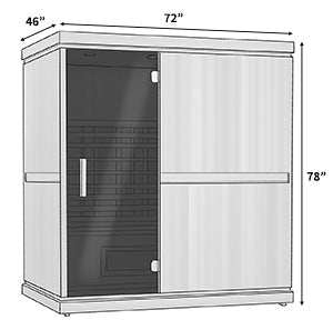 Finnmark FD-3 Full Spectrum Infrared Sauna: drawing of a cabinet with a glass door and handle, designed for 3-4 people, offering advanced infrared therapy.