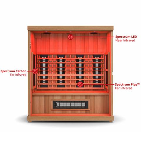 Finnmark FD-3 Full Spectrum Infrared Sauna, featuring wooden construction with red lights, designed for 3-4 people with advanced infrared panels for optimal therapy.