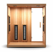 Finnmark FD-3 Full Spectrum Infrared Sauna with a wooden frame, glass door, and ergonomic wooden handle for a 3-4 person home wellness retreat.