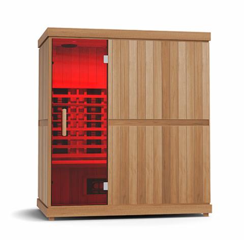Finnmark FD-3 Full Spectrum Infrared Sauna with a wooden cabinet and red glass door.