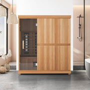 Finnmark FD-3 Full Spectrum Infrared Sauna with glass door and ergonomic design, suitable for 3-4 people, providing high-temperature infrared therapy.
