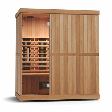 Finnmark FD-3 Full Spectrum Infrared Sauna with glass door, interior shelves, and ergonomic backrest for 3-4 people, featuring high emissivity infrared heaters.