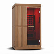 Finnmark FD-4 Trinity Infrared & Steam Sauna Combo: A wooden cabinet with a glass door, featuring an advanced sauna system with infrared and traditional heaters.