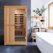 Finnmark FD-4 Trinity Infrared & Steam Sauna Combo in a bathroom setting with wooden cabinet, shelving, and bathtub visible.