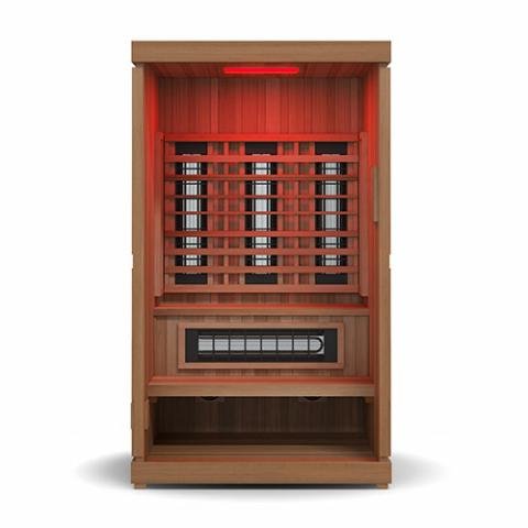 Finnmark FD-4 Trinity Infrared & Steam Sauna Combo: Wooden sauna cabinet featuring red light therapy and infrared heaters, designed for two-person wellness sessions.