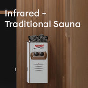 Finnmark FD-4 Trinity Infrared & Steam Sauna Combo featuring black knobs, control panel, and traditional sauna heater.
