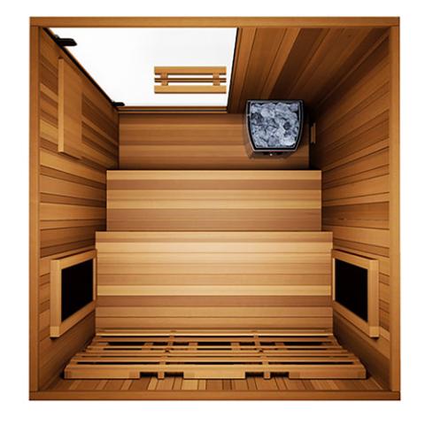 Finnmark FD-4 Trinity Infrared & Steam Sauna Combo with built-in TV in a wooden sauna cabin. Features dual heaters and medical-grade red light therapy.
