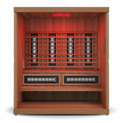 Finnmark FD-5 Trinity XL Infrared & Steam Sauna Combo, featuring a wooden exterior and red light therapy panel.