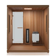 Finnmark FD-5 Trinity XL Infrared & Steam Sauna Combo with glass door and wooden interior, designed for four-person home use.
