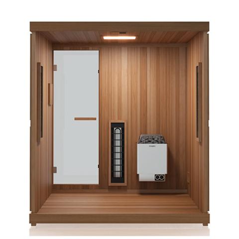 Finnmark FD-5 Trinity XL Infrared & Steam Sauna Combo with glass door and wooden interior, designed for four-person home use.