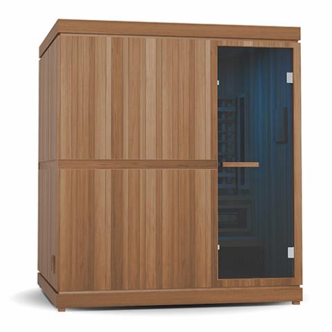 Finnmark FD-5 Trinity XL Infrared & Steam Sauna Combo, a wooden cabinet with a glass door, combining infrared heaters and traditional sauna stones for steam.