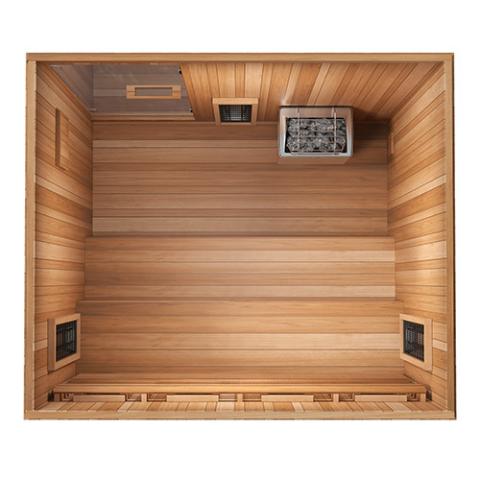 Finnmark FD-5 Trinity XL Infrared & Steam Sauna Combo: Wooden sauna with stove, heater, and rock basket, designed for home wellness.