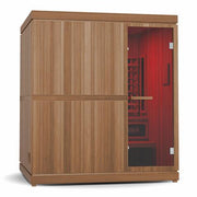 Finnmark FD-5 Trinity XL Infrared & Steam Sauna Combo featuring a wooden exterior and dual heating system for a comprehensive sauna experience.