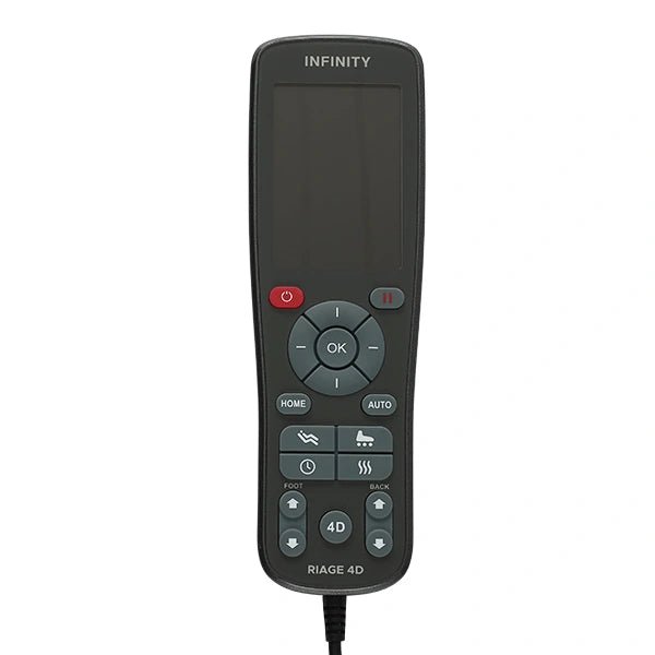 Remote control for the Infinity Riage® 4D Massage Chair, featuring buttons and a cord for adjusting massage settings and other functionalities.