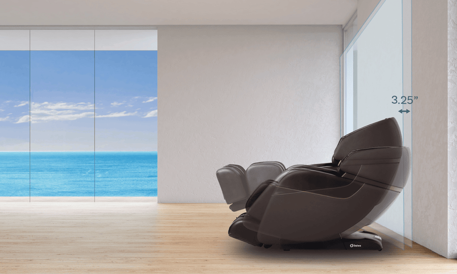 Daiwa Legacy 4 Massage Chair in a room with ocean view, showcasing advanced features like heated leg massage and space-saving design.