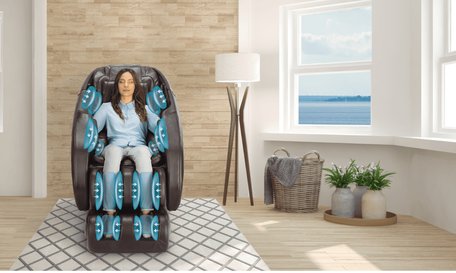 A woman relaxing in a Daiwa Majesty Massage Chair, designed for full-body wellness with advanced therapeutic features and zero-gravity experience.