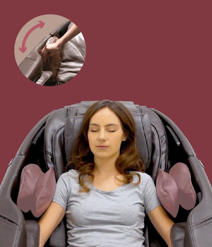 A woman relaxes in a Daiwa Majesty Massage Chair, eyes closed, receiving a full-body massage in a serene setting.