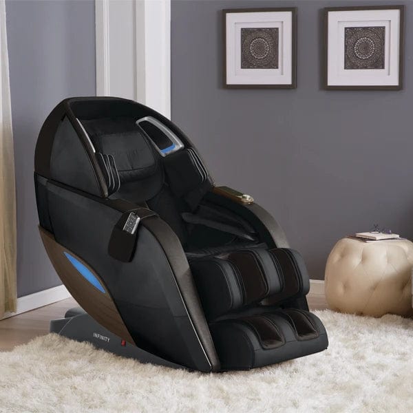 Infinity Dynasty 4D Massage Chair on white carpet, featuring advanced back massage, foot rollers, calf kneading, sound therapy, and space-saving technology for ultimate relaxation.