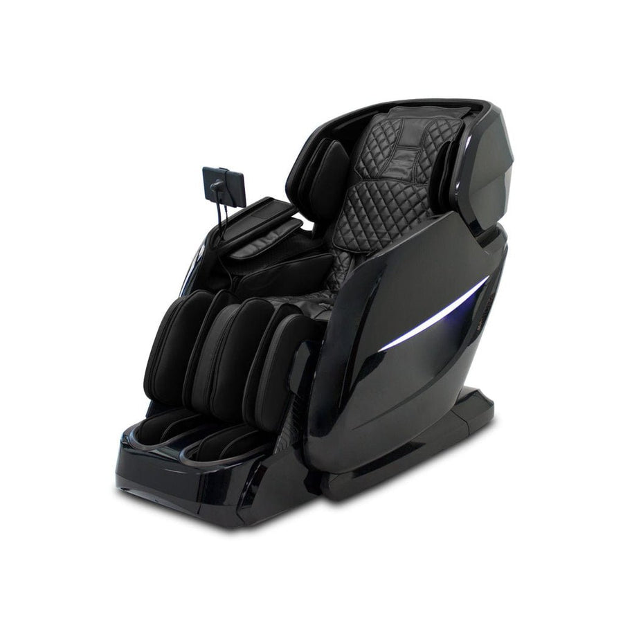 Kahuna EM 8300 Black Massage Chair with touch screen remote, 3D roller mechanism, and Bluetooth speakers.