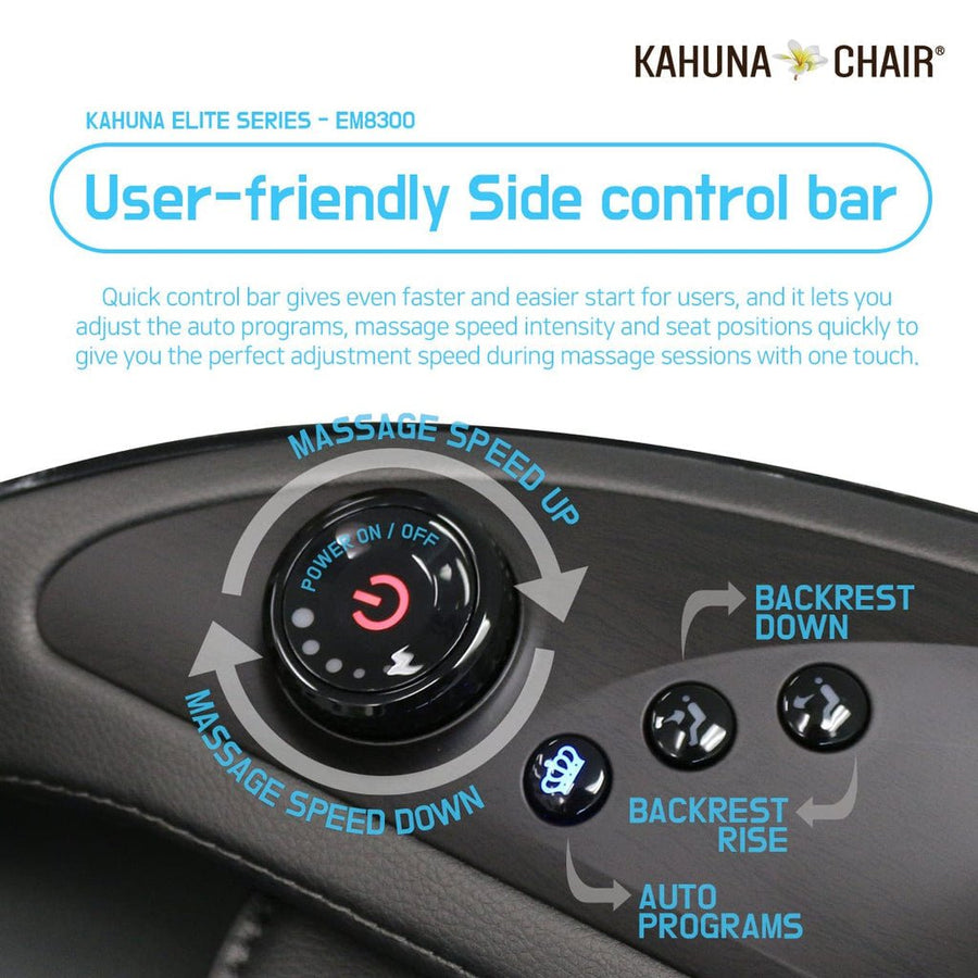 Close-up of the Kahuna EM 8300 Black Massage Chair dashboard, highlighting the user-friendly touch screen and control buttons.