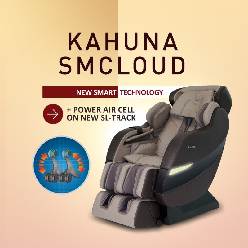 Kahuna SM-7300S CLOUD Edition Massage Chair with headrest, double-length leg extension, and 9 auto programs, showcasing advanced full-body therapeutic features.