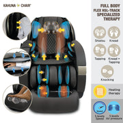 Kahuna SM-9300 Massage Chair featuring advanced 4D Dual Air Float Flex HSL-Track with infrared heating, illustrated with operational instructions and various massage types.