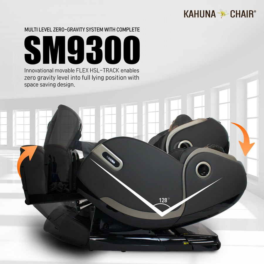 Kahuna SM-9300 Massage Chair with a reclining design, featuring a person enjoying a massage, highlighting its advanced 4D+ Dual Air Float and Infrared heating technology.