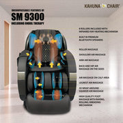 Kahuna SM-9300 Massage Chair with advanced 4D+ Dual Air Float technology, infrared heating, and voice recognition, shown with user instructions and full view.