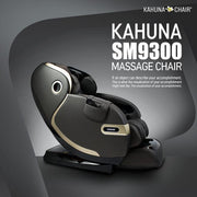 Kahuna SM-9300 Massage Chair with black and gold design featuring air float system, infrared heating, and advanced massage technology.