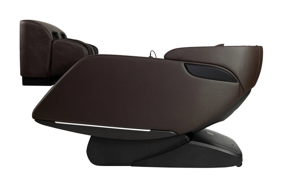 Kyota Genki M380 Massage Chair with reclining feature and black trim, designed for head-to-toe massage, including advanced voice control and space-saving technology.