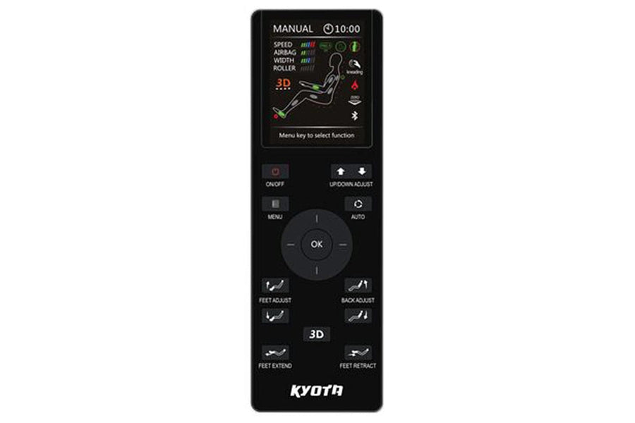 Black remote control with screen for Kyota Yosei M868 4D Massage Chair, highlighting customizable massage features and superior quality.