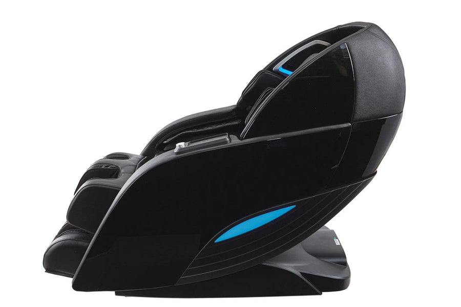 Kyota Yutaka M898 Massage Chair with blue accents, featuring advanced 4D technology, chromotherapy, Bluetooth speakers, and integrated air ionizer for full-body therapeutic massage.