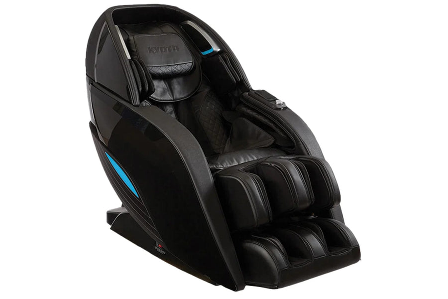 Kyota Yutaka M898 Massage Chair with blue accents, featuring 4D technology, integrated air ionizer, and Bluetooth speakers for a comprehensive therapeutic experience.