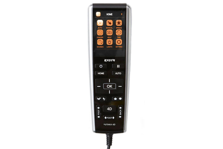 Close-up of Kyota Yutaka M898 Massage Chair remote control with buttons, cord, and joystick for selecting massage programs.