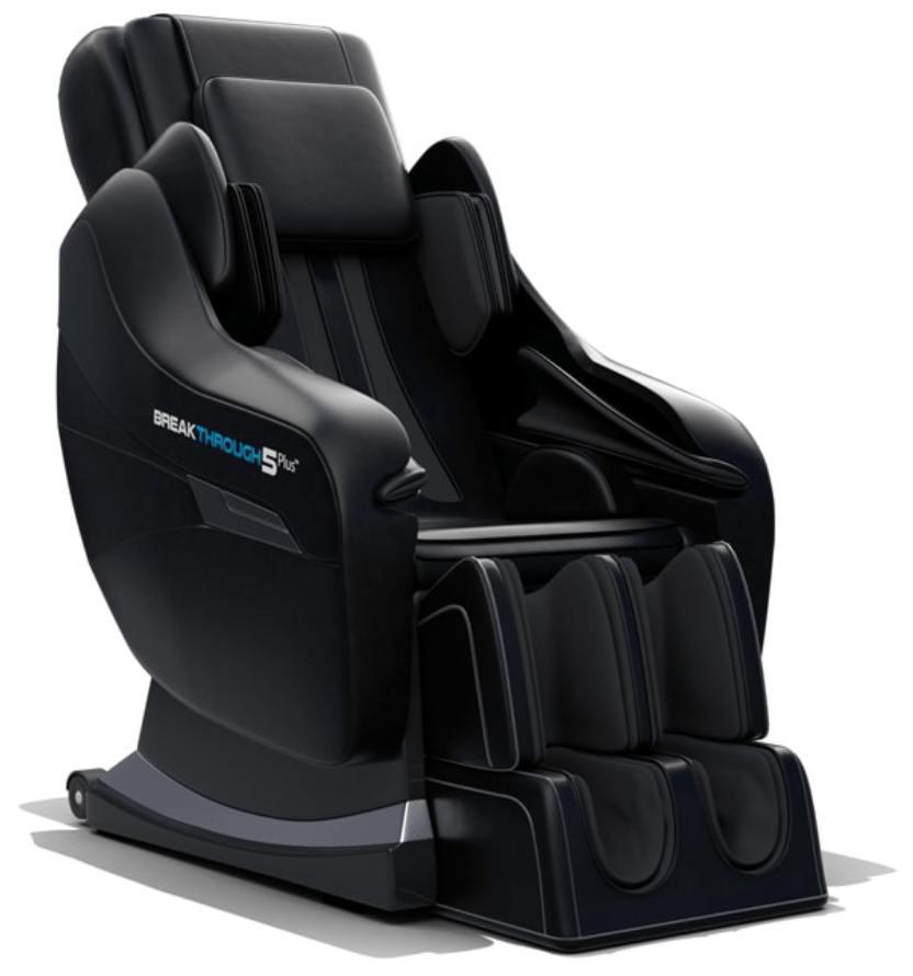 Medical Breakthrough 5 Plus Version 3 black reclining massage chair with adjustable leg extensions and intense lower back rollers.