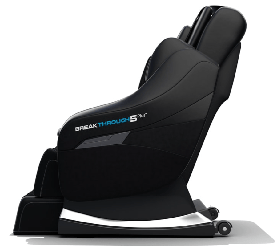Medical Breakthrough 5 Plus Version 3 massage chair with wheels, featuring adjustable leg extensions and intense lower back rollers for full-body relaxation.