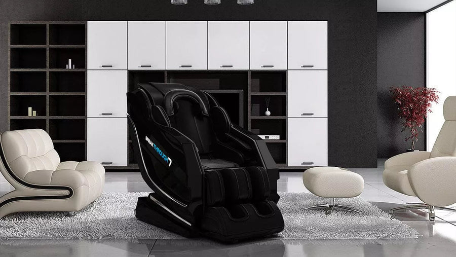 Medical Breakthrough 7 black massage chair in a room, designed to improve posture, reduce pain, and help you fall asleep.