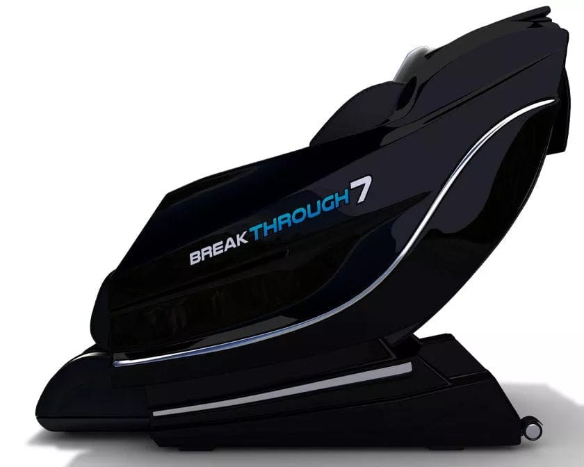 Medical Breakthrough 7 massage chair with blue text on black surface, featuring advanced posture correction and full-body therapeutic systems.