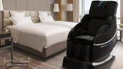 Medical Breakthrough 8 massage chair in a hotel room, designed for posture correction, pain reduction, and sleep aid, featuring advanced chiropractic and reflexology technologies.