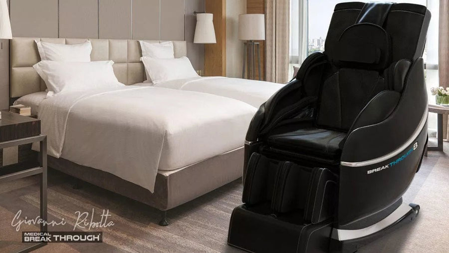 Medical Breakthrough 8 massage chair in a hotel room, designed for posture correction, pain reduction, and sleep aid, featuring advanced chiropractic and reflexology technologies.