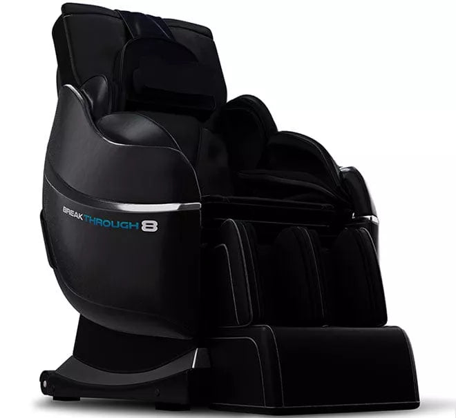 Medical Breakthrough 8, a black reclining massage chair with advanced features for posture correction, full-body pain relief, and sleep enhancement.